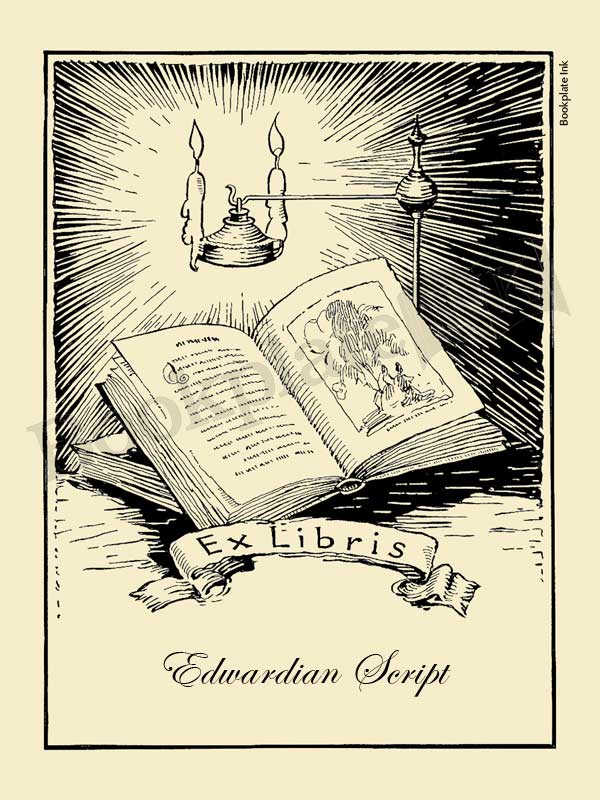 A106 - Bookplate with open book, candles and ex libris wording - Image 4