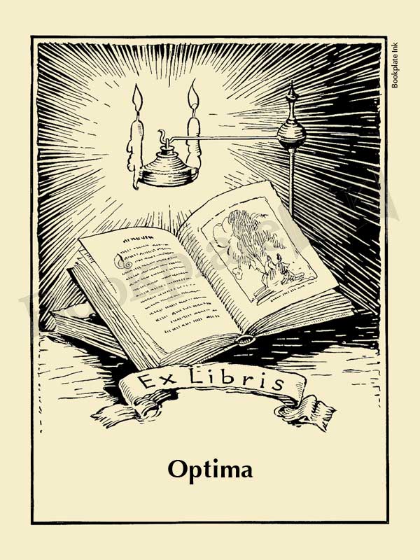 A106 - Bookplate with open book, candles and ex libris wording - Image 13