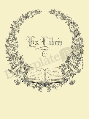 A112-bookplate-floral-wreath-open-book