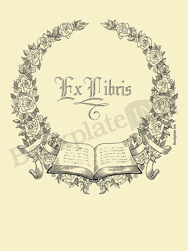 A112-bookplate-floral-wreath-open-book
