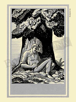 A124-Rockwell-Kent-bookplate-with-man-reading-by-tree