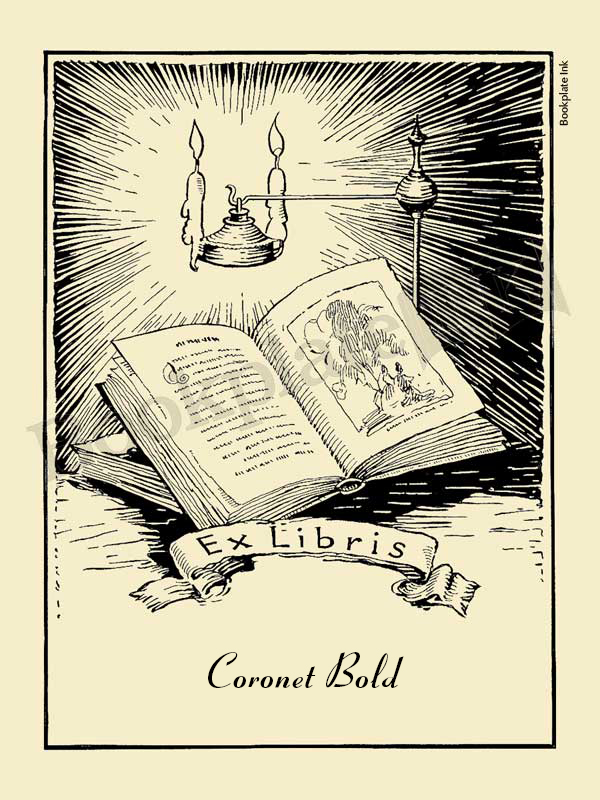 A106 - Bookplate with open book, candles and ex libris wording - Image 3